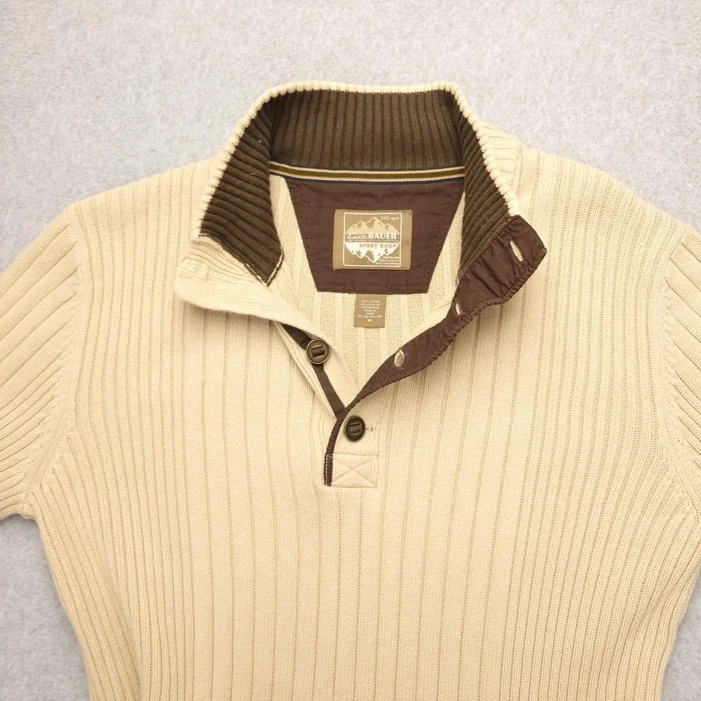 Eddie Bauer Sweater Mens‎ M Beige Ribbed Cotton Mock Neck Henley Knit Pullover - Picture 4 of 11